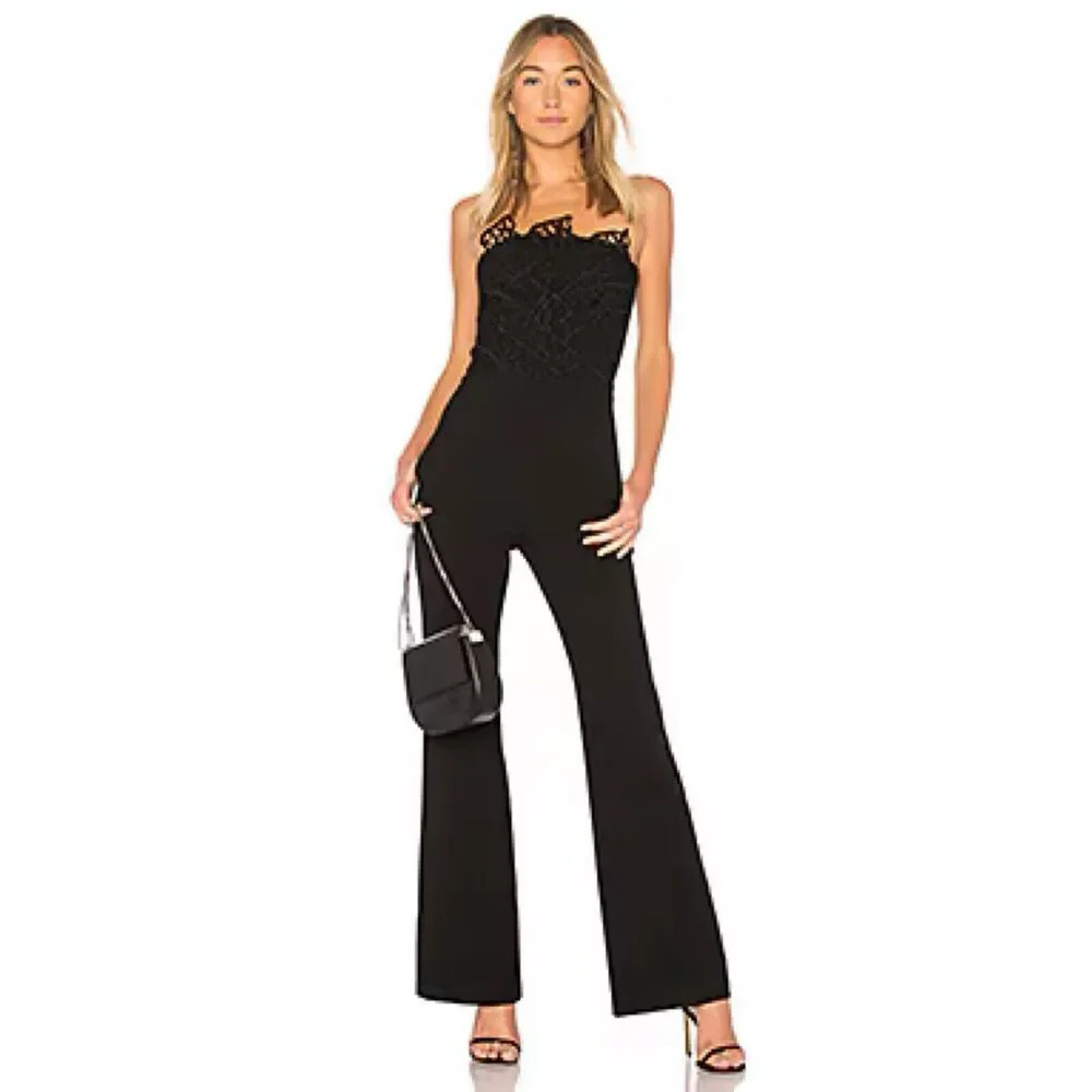 Rebecca Vallance Sophia Crepe 3D Lace Trim Strapless Jumpsuit Straight Black 6